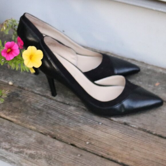 Nine West Black Leather Suede Pointy Toe Pump Heels Sz 6 - Picture 5 of 8